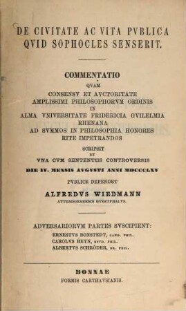De civitate ac vita publica quid Sophocles senserit : Commentatio (inauguralis)
