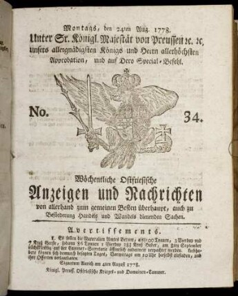 No. 34. Montags, den 24ten Aug. 1778.
