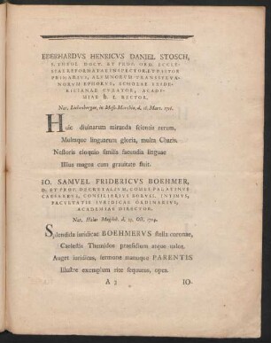 Eberhardus Henricus Daniel Stosch ... Io. Samuel Fridericus Boehmer ...