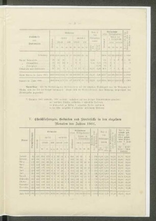 V. Eheschließungen, Geburten und Sterbefälle in den einzelnen Monaten des Jahres 1901.