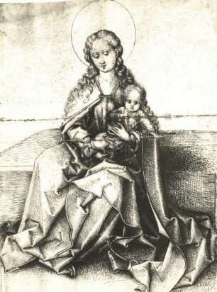 Sitzende Madonna mit Kind : Sitzende Madonna mit Kind. Kupferstich (1460/1500; Kreis M. Schongauer)