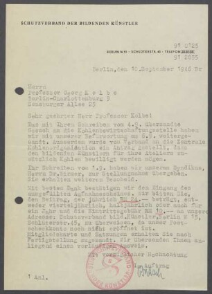 Briefe vom Schutzverband Bildender Künstler an Georg Kolbe