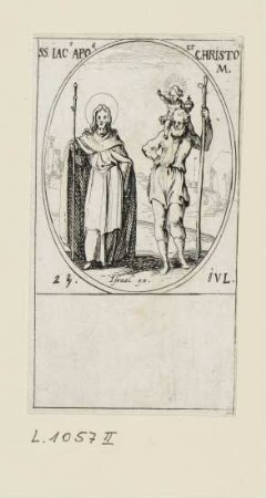 Juli - Heiliger Jakobus und Heiliger Christophorus, Blatt 63 der Folge "Les images de tous les saincts et saintes de l'année"