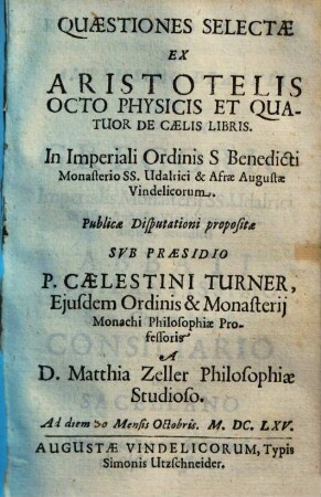 Quaestiones selectae ex Aristotelis octo physicis et quatuor de caelis libris