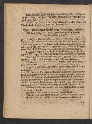 Verzeichnüß derer Bücher/ welche in Leipzigischer Michaelis-Meß 1650. ausgangen/ und nicht nach Franckfurt am Mayn kommen sind.