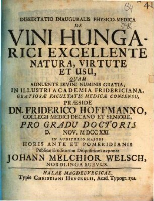 Diss. inaug. ... de vini Hungarici excellente natura, virtute et usu