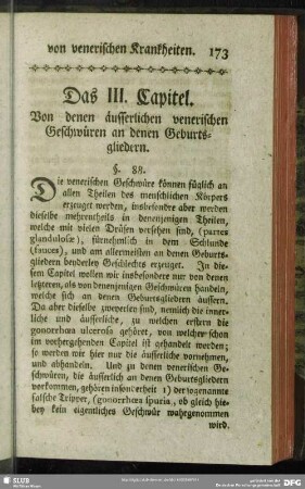 Das III. Capitel. Von denen äusserlichen venerischen Geschwüren an denen Geburtsgliedern