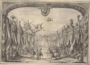 Bühnenbild zur Oper "La Caduta del Regno dell’Amazzoni" (dritter Akt, letzte Szene: Kampf gegen die Amazonen), aus der 1690 in Rom publizierten Edition des Librettos