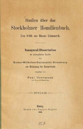Studien über das Stockholmer Homilienbuch : eine Kritik von Sievers Eddametrik