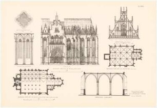 Marienkirche, Mühlhausen / Marienkirche, Herford: Ansicht, Grundriss, Details Mühlhausen, Querschnitt, Grundriss, Detail Herford (aus: Gotische Baukunst in Deutschland, hrsg. v. Zeichenaussch. d. Stud. d. TH Berlin, 1875)