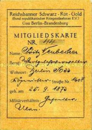 Mitgliedskarte des Reichsbanners Schwarz-Rot-Gold von Fritz Neubecker