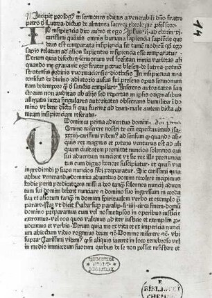 Petrus Blesensis de Lutrea: Sermones de tempora et de sanctis. Straßburg, um 1485. Buchdruck und Buchmalerei. Titelblatt mit Initiale "J" und "D". Dresden: SLUB R 615 J