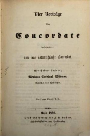 Vier Vorträge über Concordate : insbesondere über das österreichische Concordat
