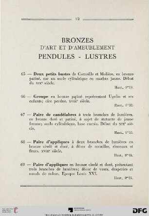 Bronzes d‘art et d‘ameublement - Pendules – Lustres (Nr. 65-84)