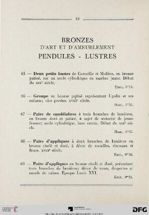 Bronzes d‘art et d‘ameublement - Pendules – Lustres (Nr. 65-84)