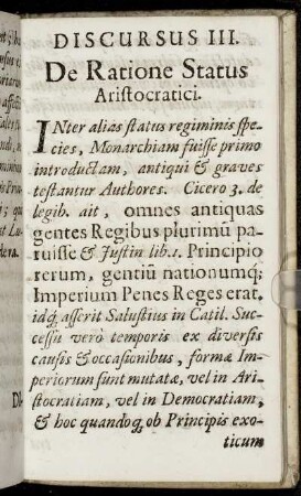 Discursus III. De Ratione Status Aristocratici.