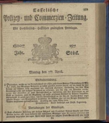 15tes Stueck, Montag den 7ten April 1800