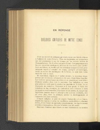 En Réponse A Quelques Critiques De Notre Congo.