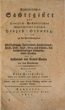 Alphabetisches Sachregister zur königlich Westphälischen bürgerlichen und peinlichen Prozeß-Ordnung