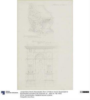 Reisestudien, Rom, S. Pietro in Vincoli, Skizzenblatt mit Bischofsstuhl und Aufriss des Grabmals Julius II