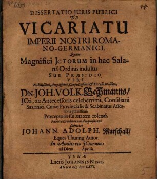 Diss. de vicariatu imperii nostri Romano-Germanici