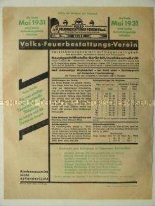 Flugblatt mit Aufruf zur Mitgliedschaft in einem Feuerbestattungs-Versicherungsverein