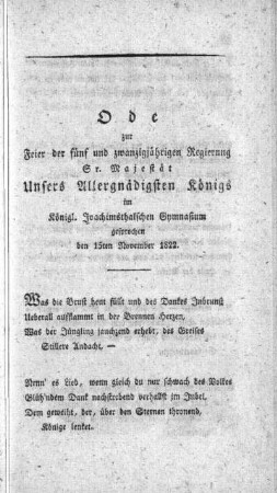 Ode zur Feier der fünf und zwanzigjährigen Regierung Sr. Majestät Unsers Allergnädigsten Königs [...]