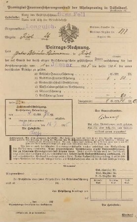 Beitrags-Rechnung der Provinzial-Feuerversicherungsanstalt (18. September 1925)