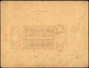 Evangelische Kirche, Modlau Wiederaufbau. 1. Projekt: Grundriss mit event. Vorbau, Maßstabsleisten (Meter und Fuß)