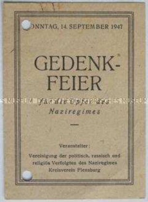Einladung und Programm für eine Gedenkfeier der Flensburger VVN für die Opfer des Naziregimes