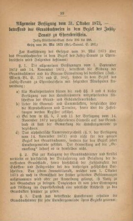 Allgemeine Verfügung vom 31. Oktober 1873, - betreffend das Grundbuchwesen in dem Bezirk des Justiz-Senats zu Ehrenbreitstein