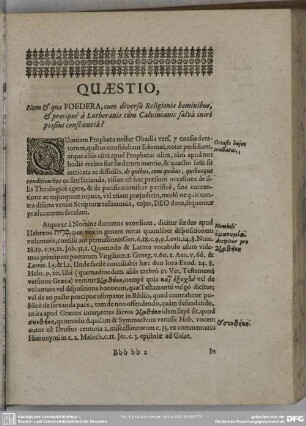 Quaestio, Num & quae Foedera, cum diversae Religionis hominibus, & praecipuè à Lutheranis cùm Calvinianis salvâ