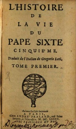 L' Histoire De La Vie Du Pape Sixte Cinquiéme. 1