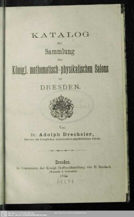 Katalog der Sammlung des Königl. mathematisch-physikalischen Salons zu Dresden