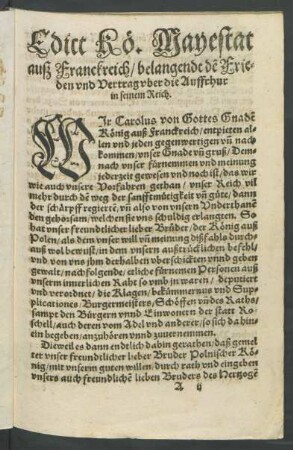 Edict Kö. Mayestat auß Franckreich/ belangendt den Frieden und Vertrag uber die Auffrhur in seinem Reich.