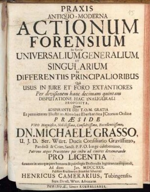 Praxis Antiquo-Moderna Actionum Forensium In specie Universalium, Generalium, Et Singularium : In Differentiis Principalioribus Quà Usus In Jure Et Foro Extantiores Per divisionem hanc decimam quintam Disputatione Hac Inaugurali Proposita