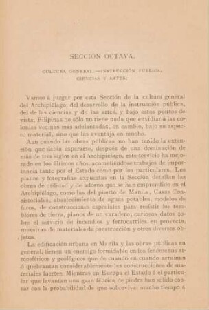Sección octava. Cultura general. - Instrúcción pública. - Ciencias y artes
