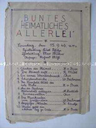 Handgeschriebener Programmzettel zu einer Kulturveranstaltung im Kriegsgefangenenlager Karatschew