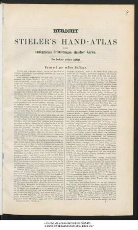 Bericht zu Stieler's Hand-Atlas : nebst ausführlichen Erläuterungen einzelner Karten