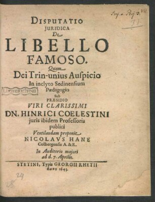 Disputatio Iuridica De Libello Famoso