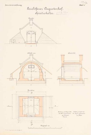 Leuchtfeuer Augustenhof, Nordborg: Spirituskeller: Ansichten, Grundriss, Schnitte 1:50
