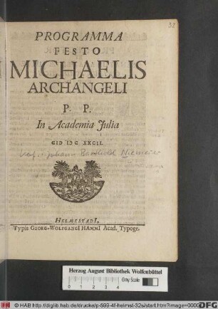 Programma Festo Michaelis Archangeli : P.P. In Academia Iulia MDCXXCII.