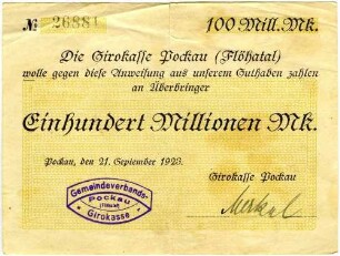 Anweisung über Einhundert Millionen Mark