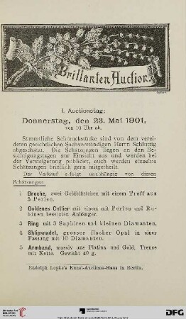 I. Auctionstag: Donnerstag, den 23. Mai 1901, von 10 Uhr ab (Nr. 1-104D)