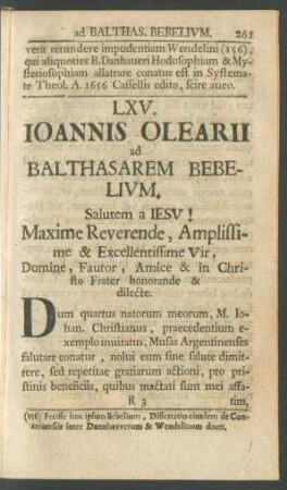 LXV. Ioannis Olearii ad Balthasarem Bebelium