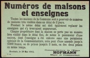 "Numéros de maisons et enseignes" (Aufforderung zur Anbringung von gut sichtbaren Hausnummern) (No. 100)