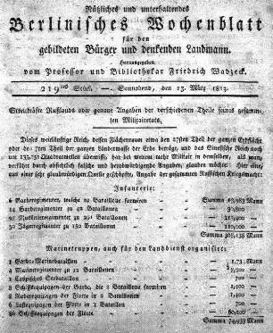 219tes Stueck, Sonnabend, den 13 Maerz 1813