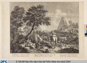 Landschaft mit Pyramide im Hintergrund und Reiterin