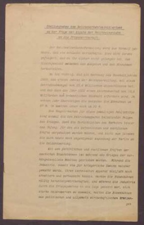 Stellungnahme von Wilhelm Groener, Reichsverkehrsminister, zu der Frage der Privatisierung der Reichseisenbahn