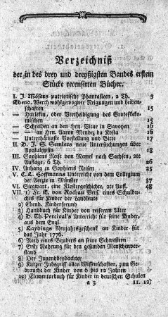 Verzeichniß der in des drey und dreyßigsten Bandes erstem Stücke recensirten Bücher.